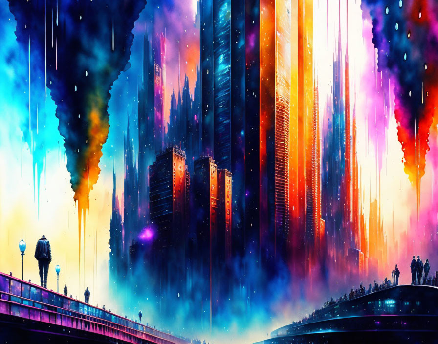 Futuristic cityscape with skyscrapers, neon lights, couple on bridge under starry sky