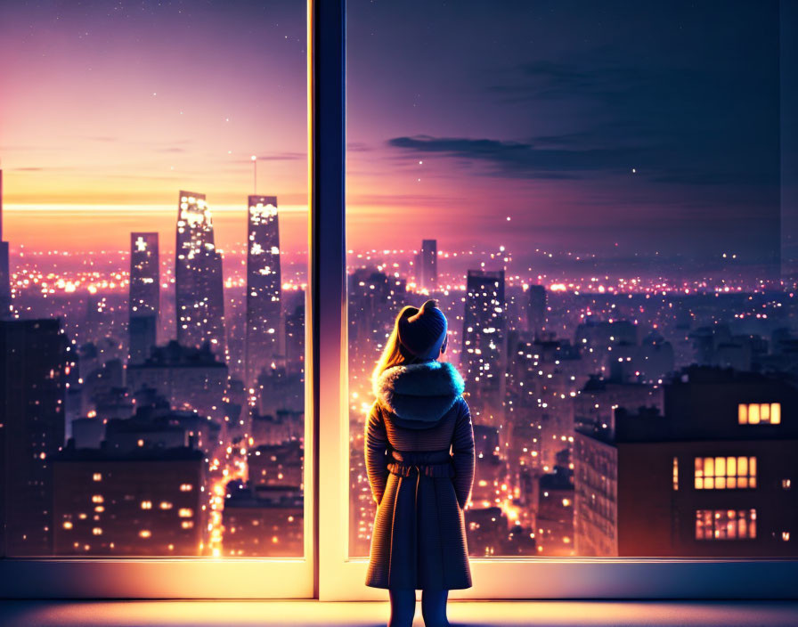 Person gazing at cityscape during twilight with silhouetted buildings