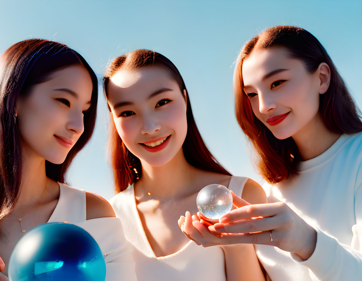 Three women with crystal balls under clear blue sky