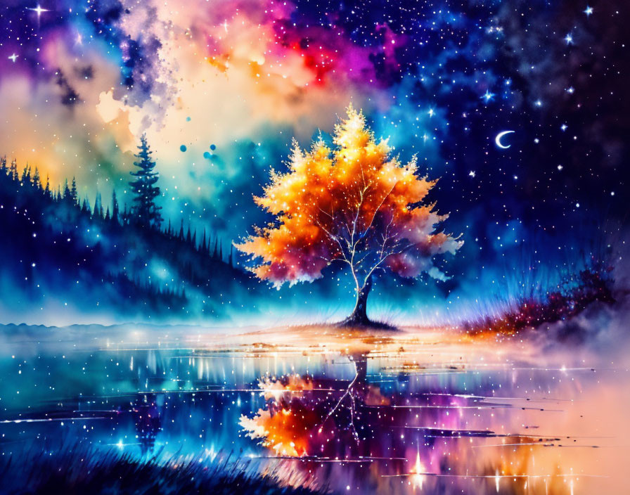 Digital artwork: Solitary tree with autumn foliage reflected in still water under starry sky.