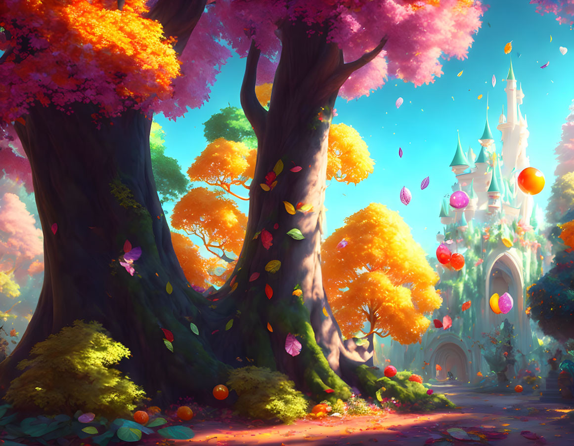 Colorful Fantasy Landscape with Trees, Leaves, Butterflies, and Castle