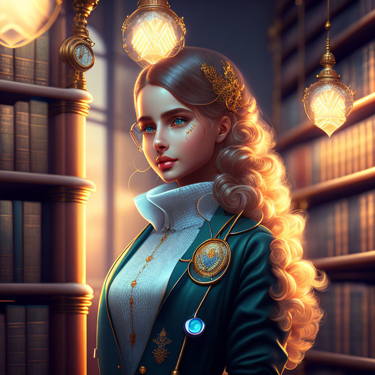 Digital artwork: Woman with blue eyes and golden hair in library with glowing lanterns