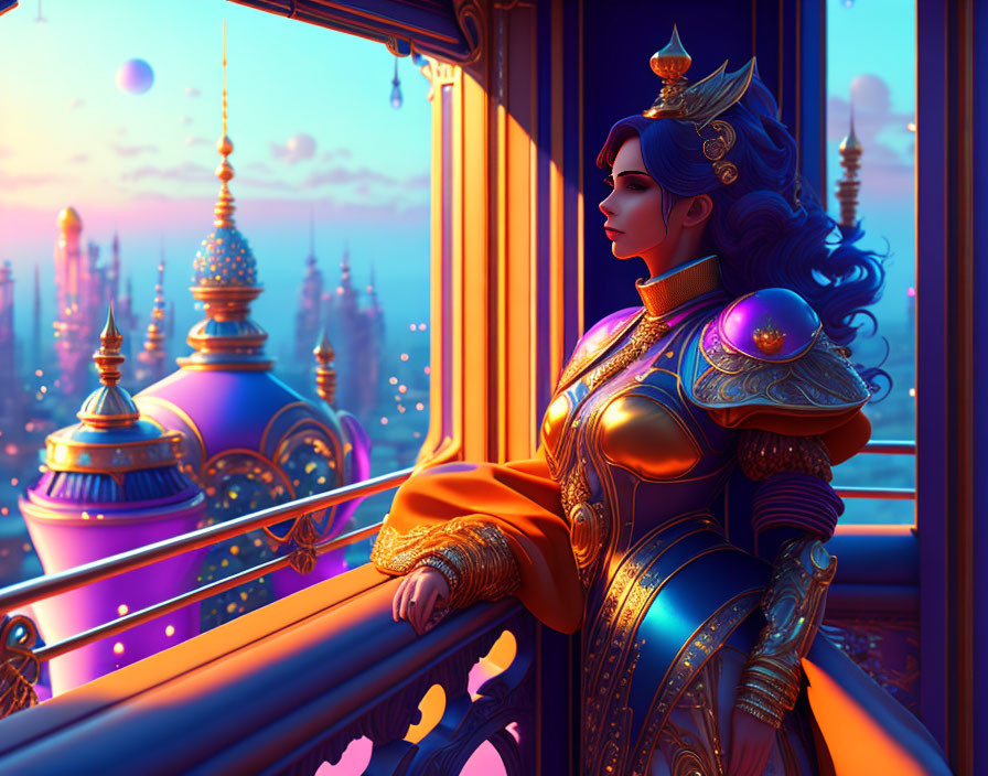 Regal woman in ornate armor overlooking fantastical city at twilight