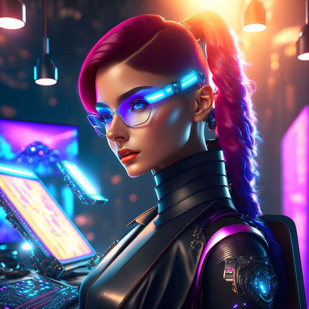 Futuristic woman with neon-lit glasses and bionic arm in cyberpunk setting