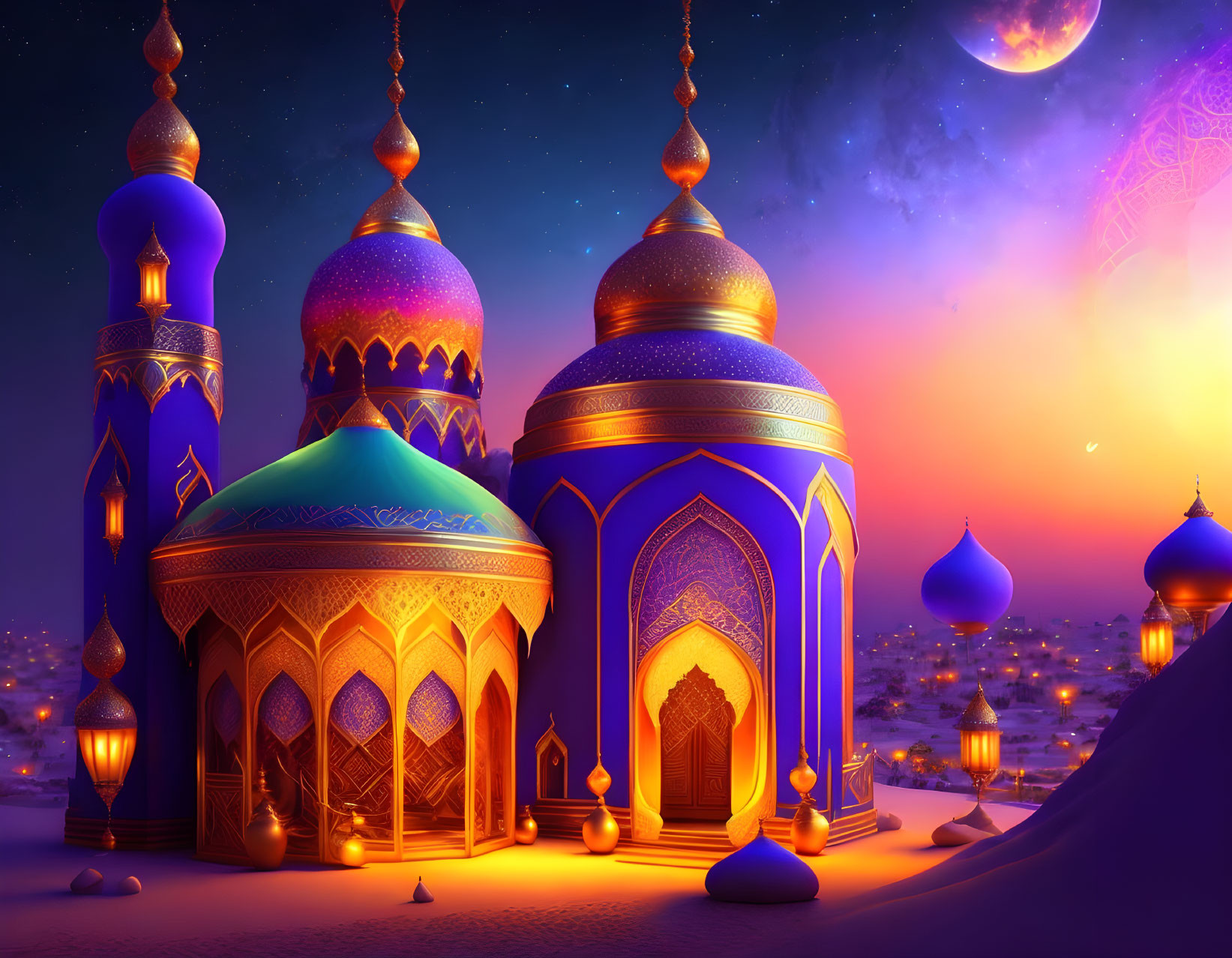 Vibrant Arabian palace at sunset with intricate domes and towers