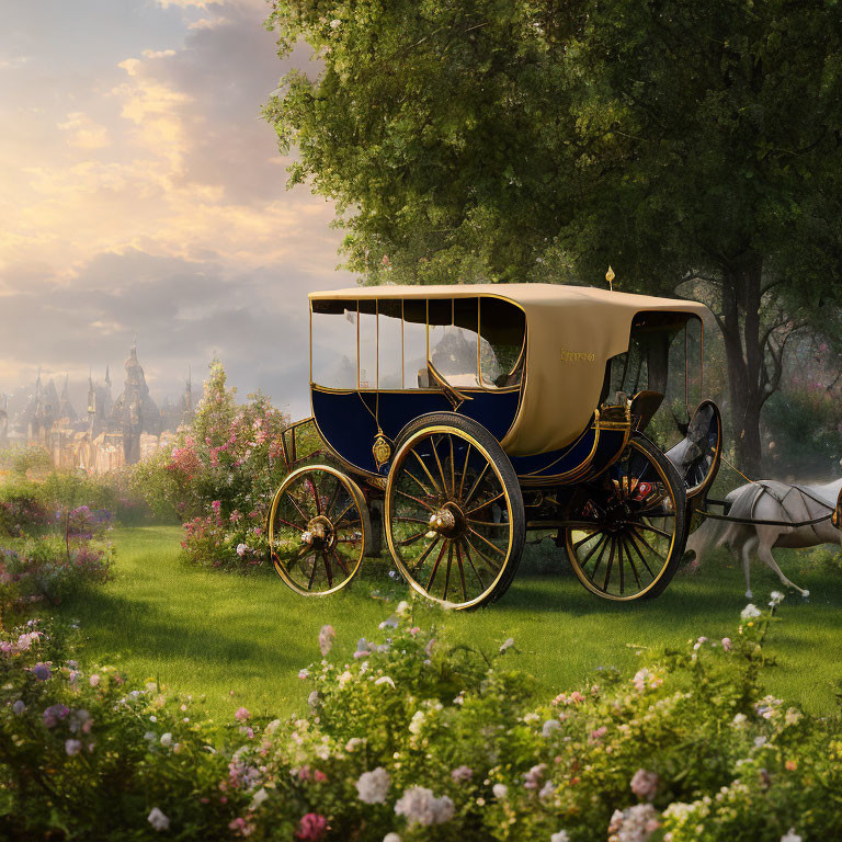 Vintage horse-drawn carriage in lush garden with blooming flowers and fairytale castle at sunset