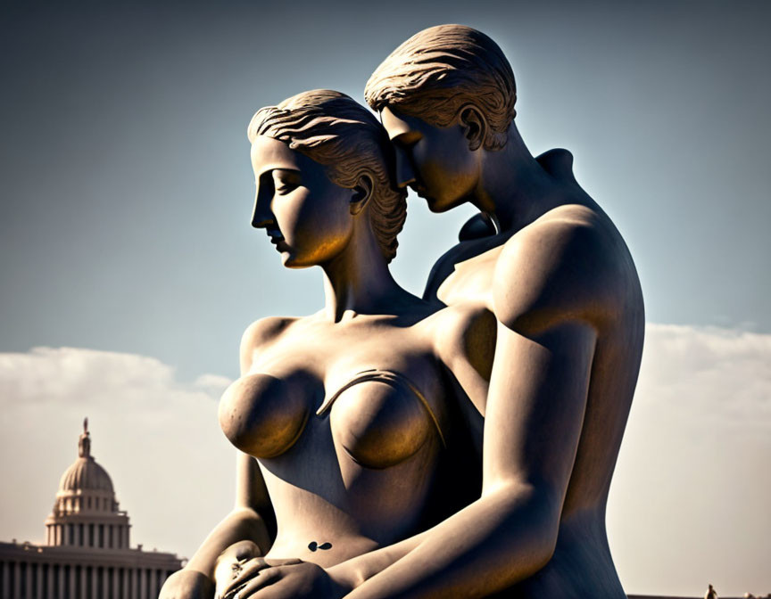 Classical sculpture of man and woman embracing under clear sky