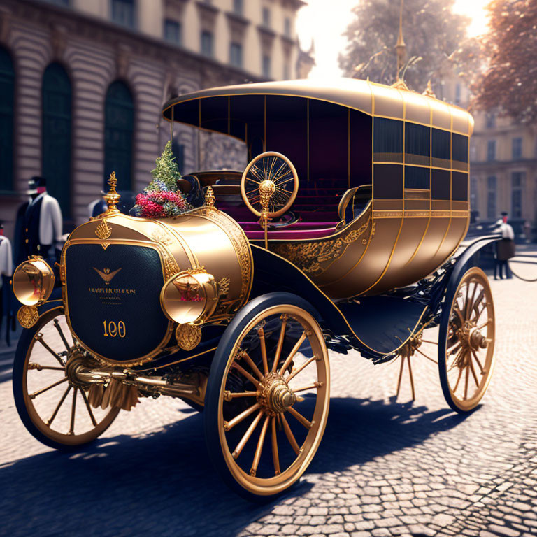 Golden vintage carriage with intricate designs on cobblestone street, adorned with small Christmas tree