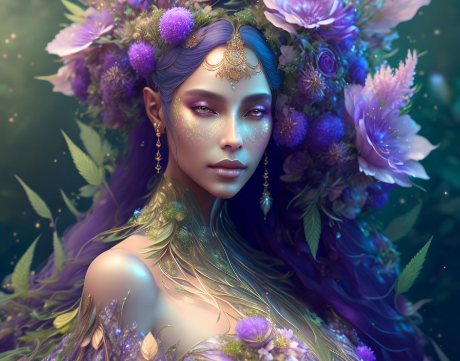 Purple-skinned mystical female character with floral crown and golden jewelry in dreamy flower-filled setting