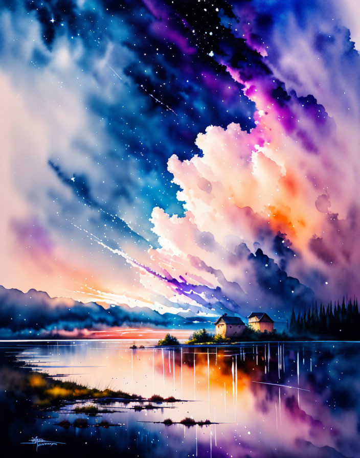 Serene lakeside watercolor painting with starry night sky