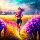 Woman jogging on scenic path surrounded by colorful flowers at sunrise or sunset