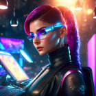 Futuristic woman with neon-lit glasses and bionic arm in cyberpunk setting