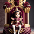 Regal Baby on Golden Throne with Red Velvet and Roses