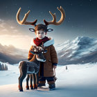 Child with antlers next to reindeer in snowy landscape at dusk