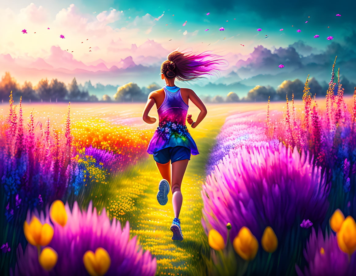 Woman jogging on scenic path surrounded by colorful flowers at sunrise or sunset