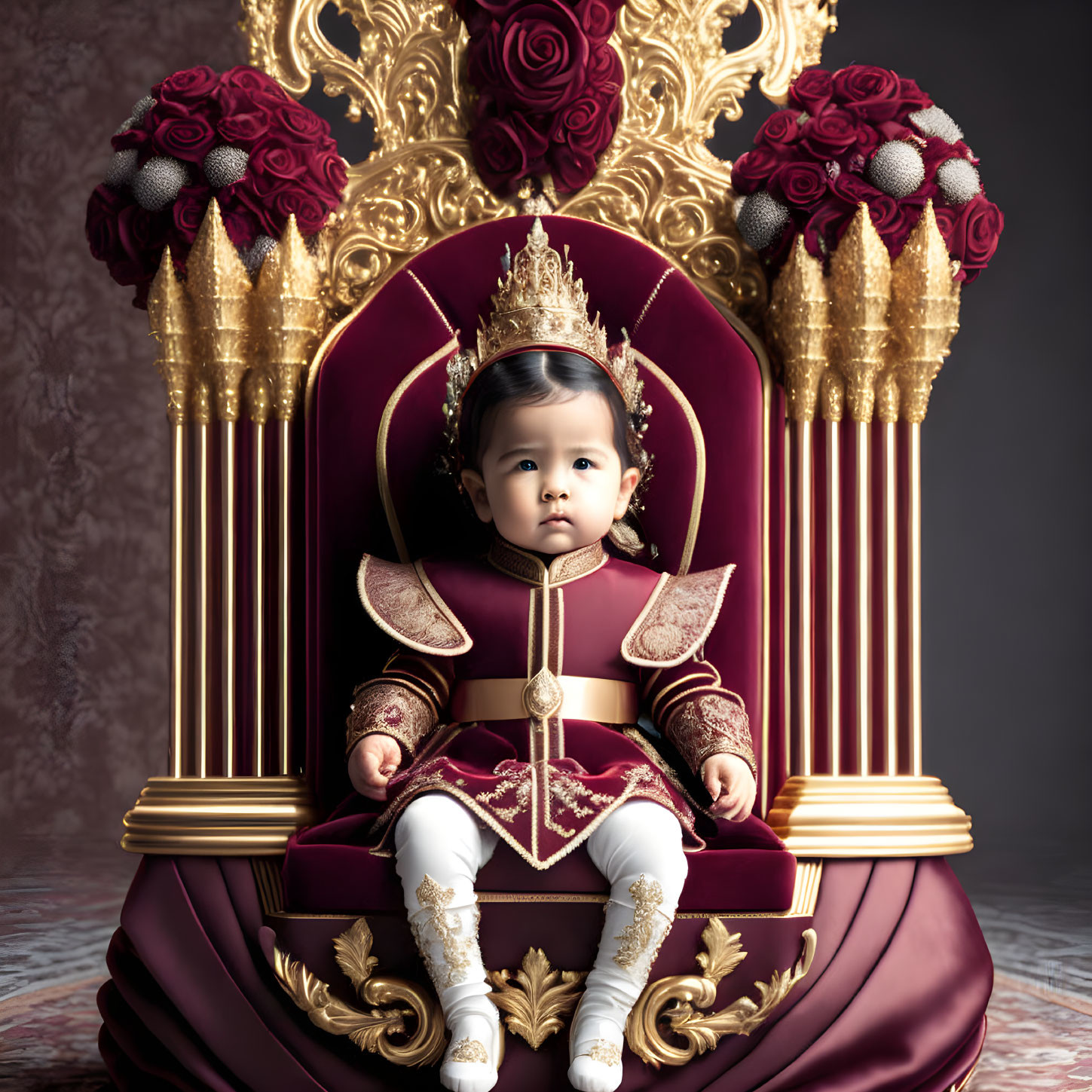 Regal Baby on Golden Throne with Red Velvet and Roses