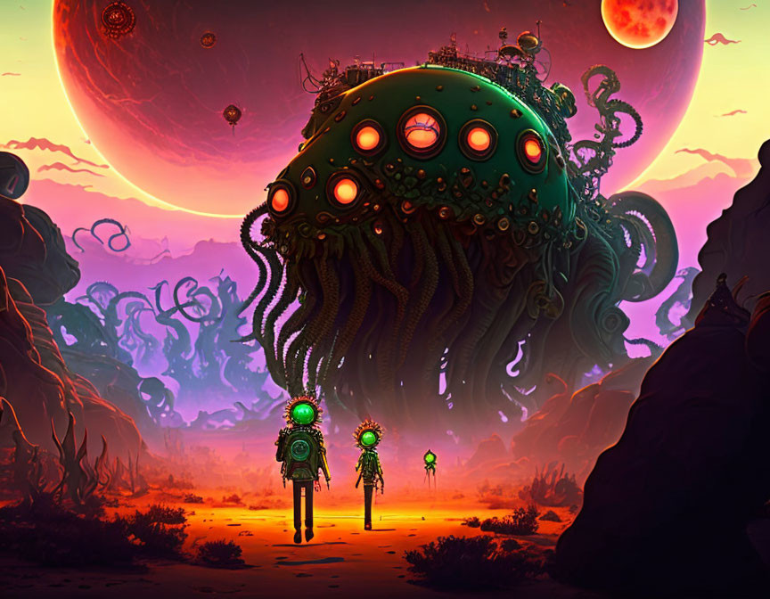 Surreal landscape with glowing figures, floating jellyfish, alien flora, and dual moons