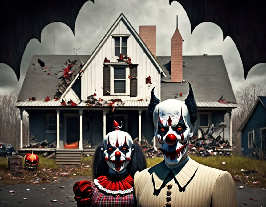 Two individuals wearing creepy clown masks in front of a spooky house with Halloween decor and fallen leaves