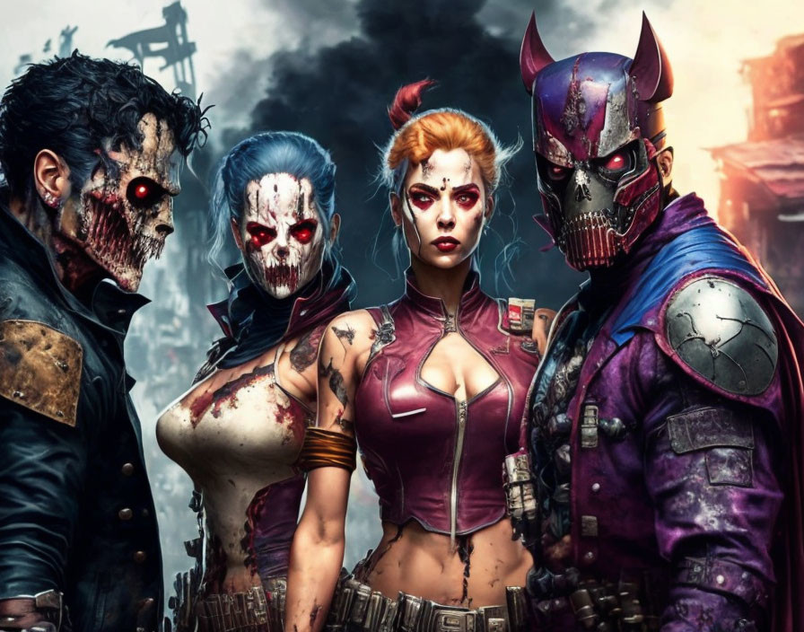 Three Characters with Zombie-Like Face Paint in Dystopian Setting