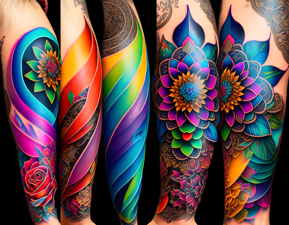 Colorful Sleeve Tattoos: Floral & Geometric Designs