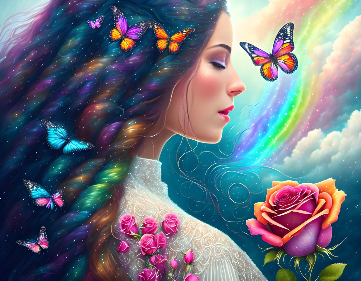 Woman with colorful starry hair and butterflies holding rose in front of rainbow