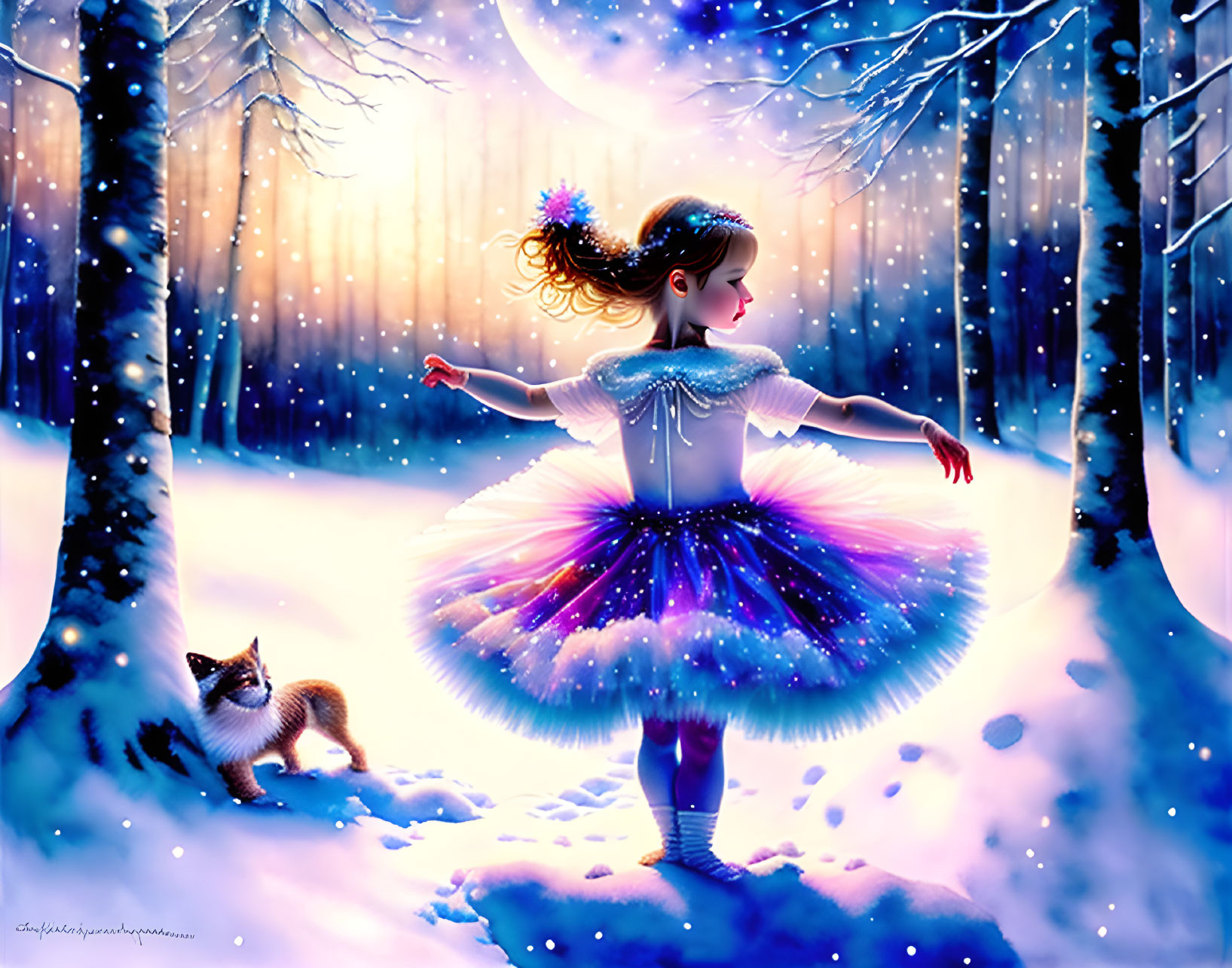 Young girl in glowing tutu dances in snowy forest with small fox