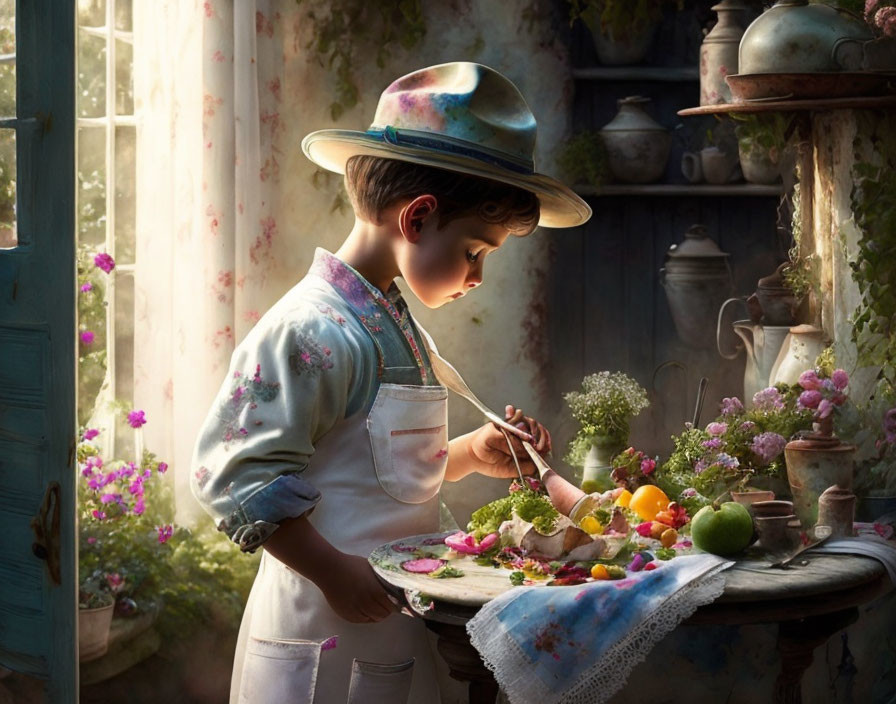 Young boy arranging flowers on rustic table with fruits and sunlit window