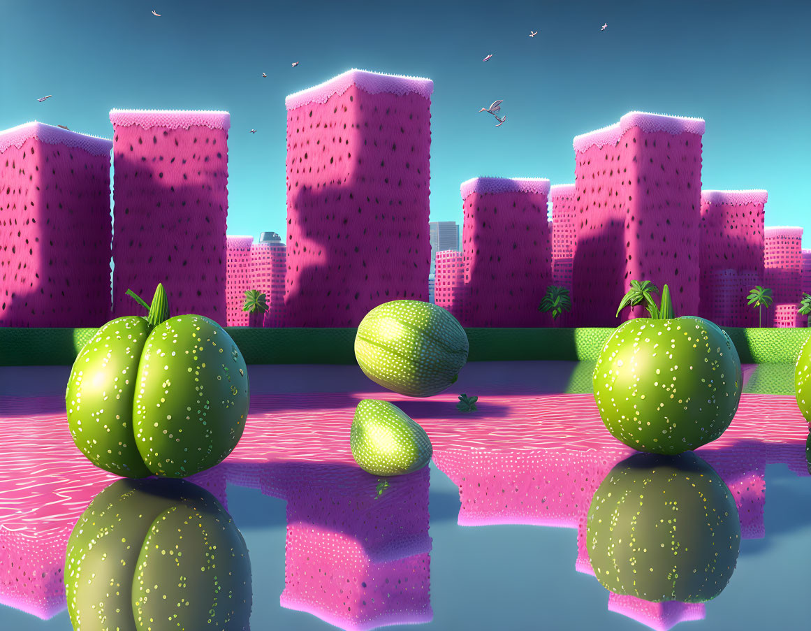 Surreal landscape with watermelon-like spheres and melon-like towers reflected in a pink lake