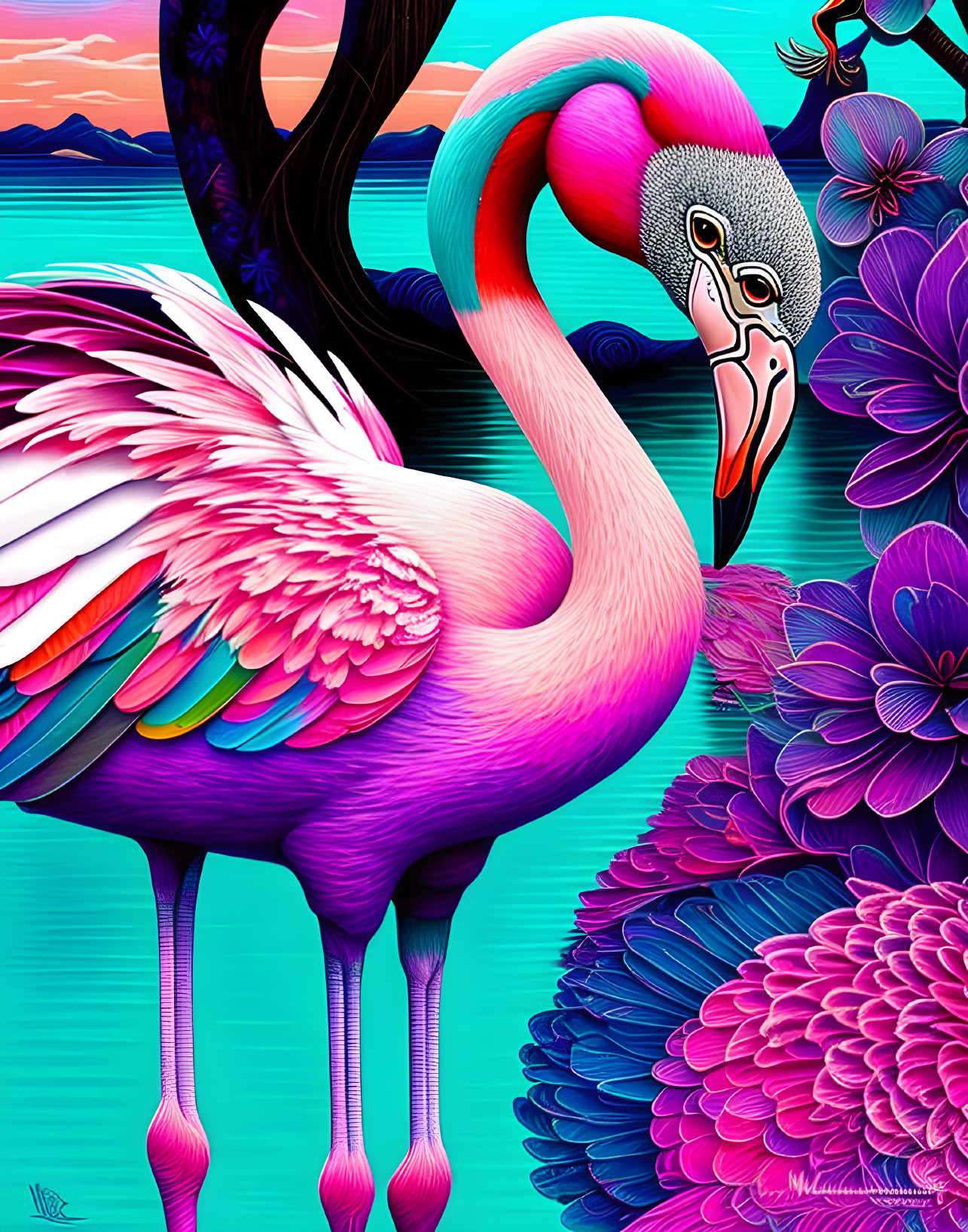 Colorful Flamingo Art Among Purple Flowers and Teal Background