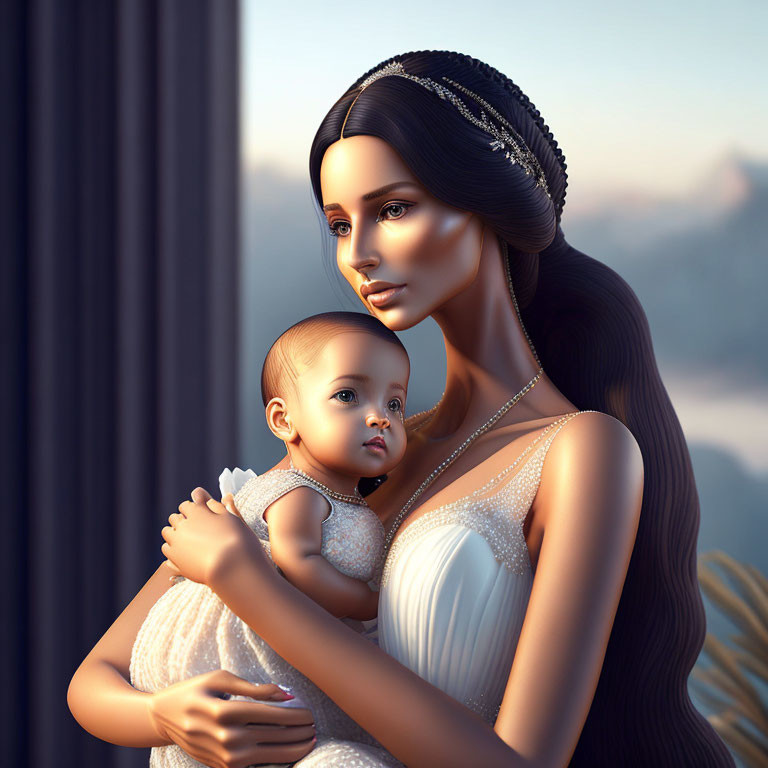 3D rendering of woman with dark hair holding baby in white attire against mountainous backdrop