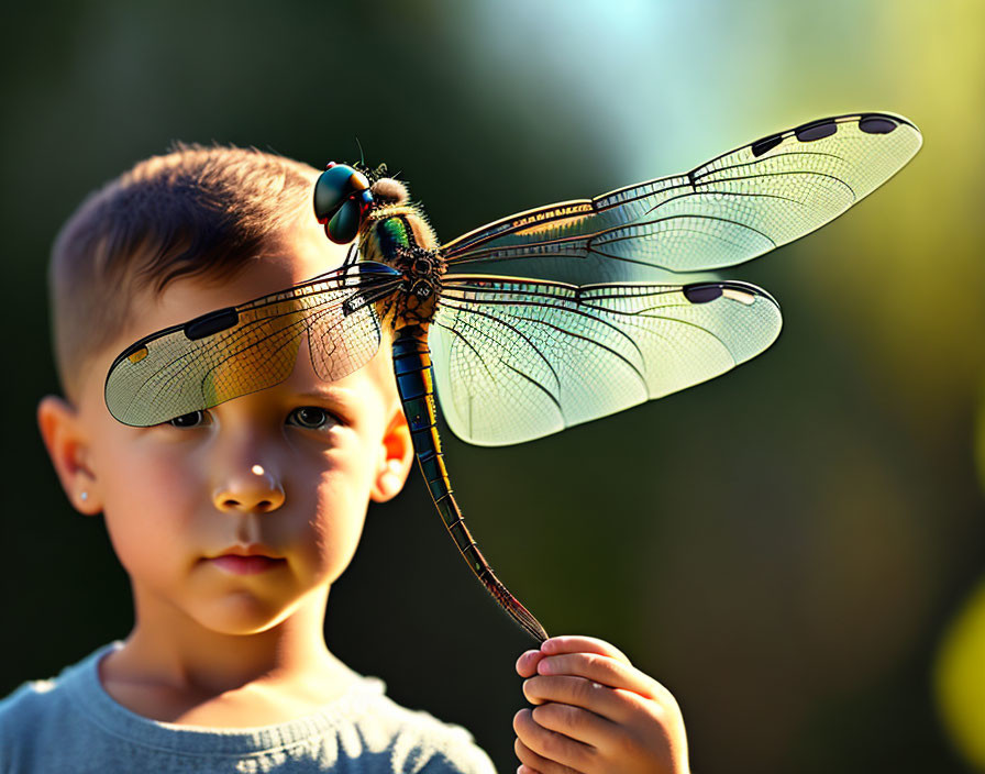 Child with colorful dragonfly under warm sunlight