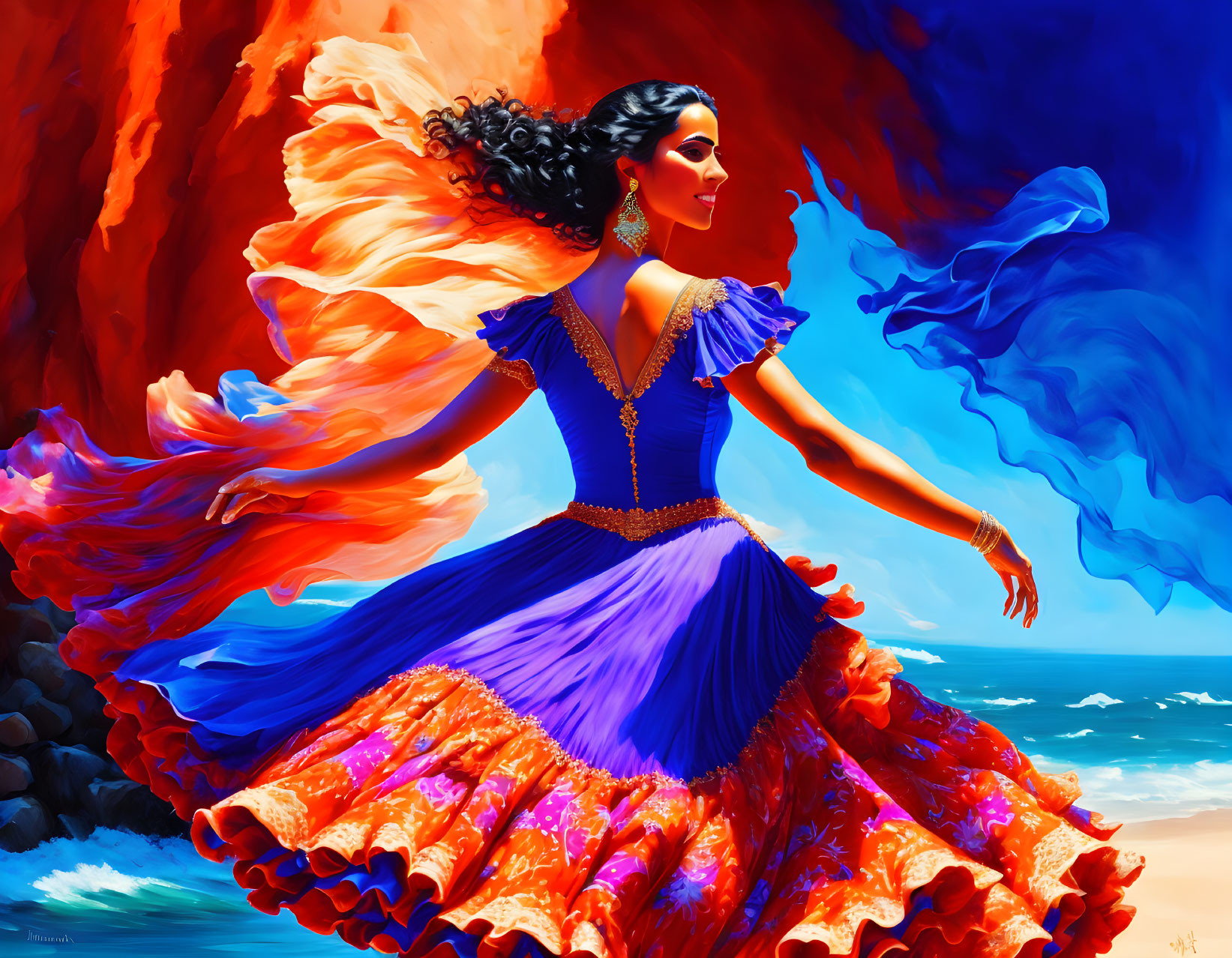 Colorful painting of woman dancing on beach with billowing blue and orange dress against red cliffs and blue