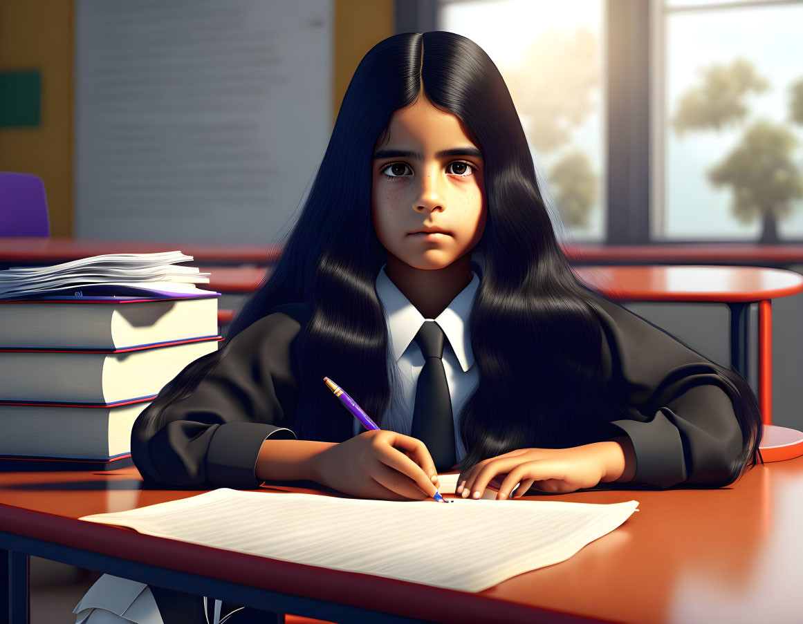 Animated girl with long black hair in black suit writing at desk in sunlit classroom