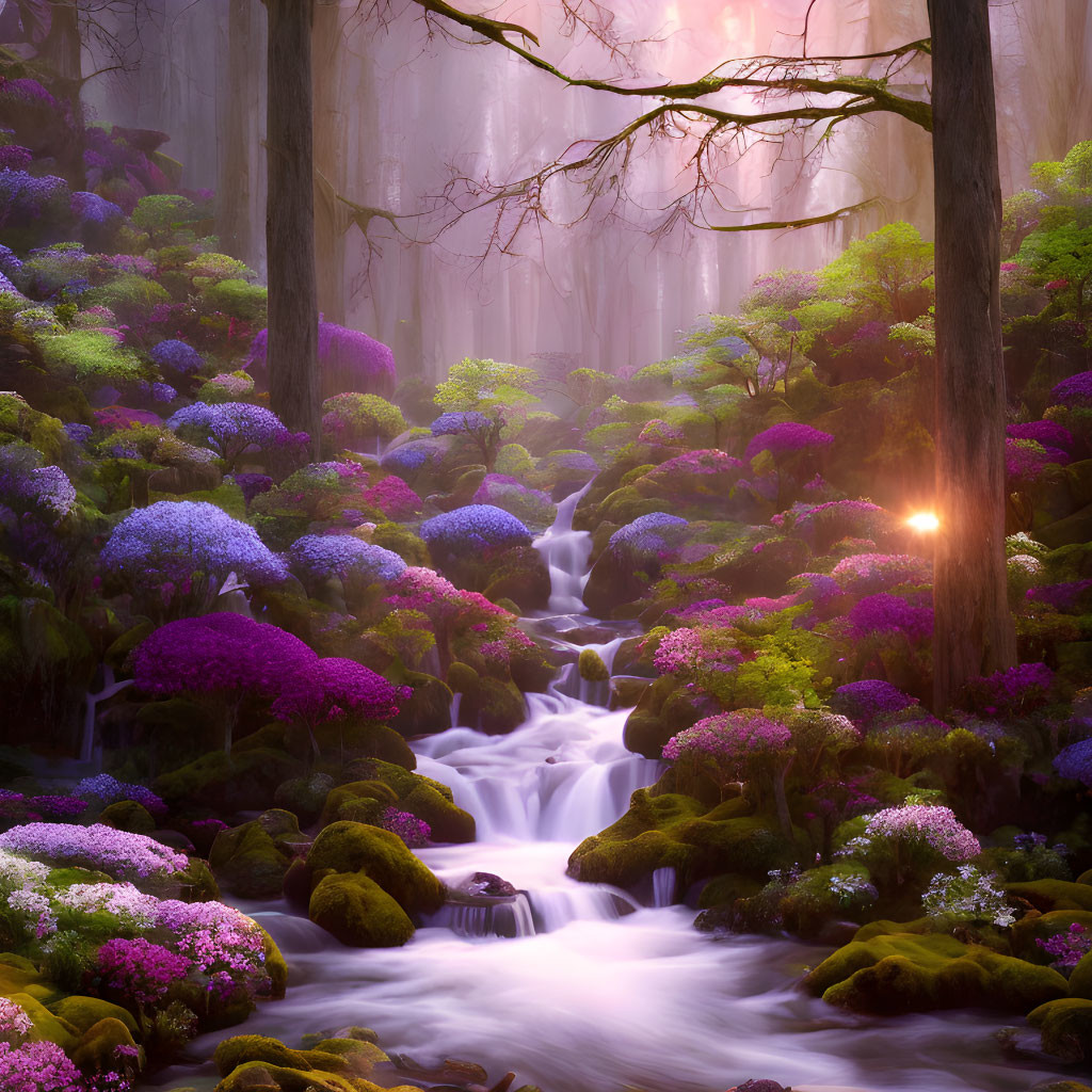 Purple Flowers Cover Forest Floor Near Serene Waterfall