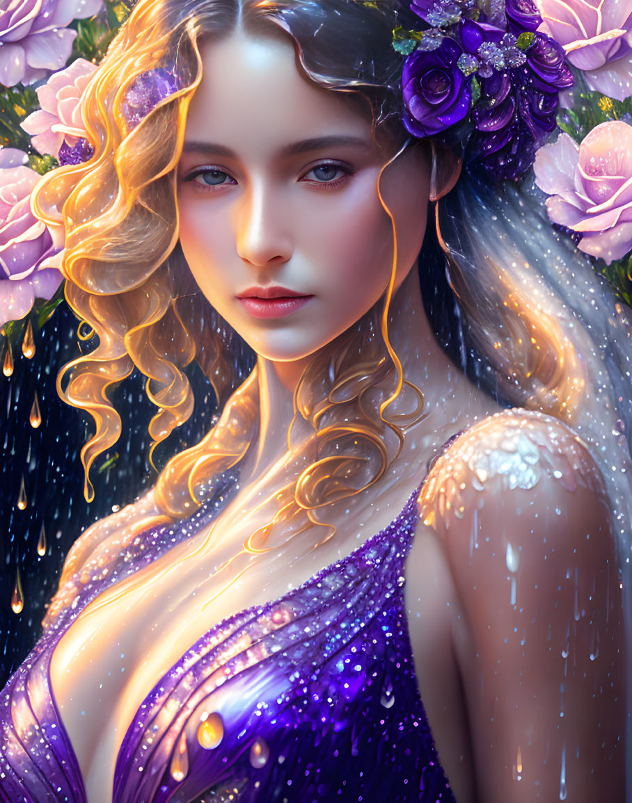 Fantasy portrait of a woman with purple flowers in hair and glittering dress among pink blooms