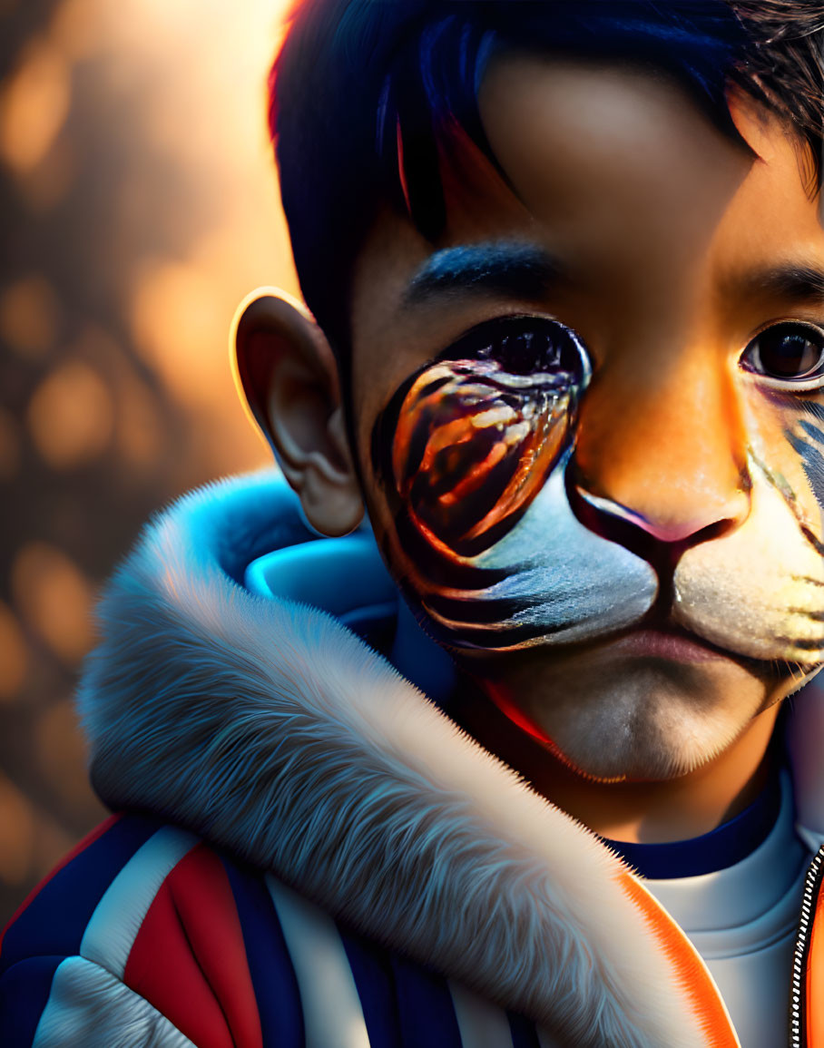 Child with Tiger Face Paint in Striped Hoodie on Warm Background