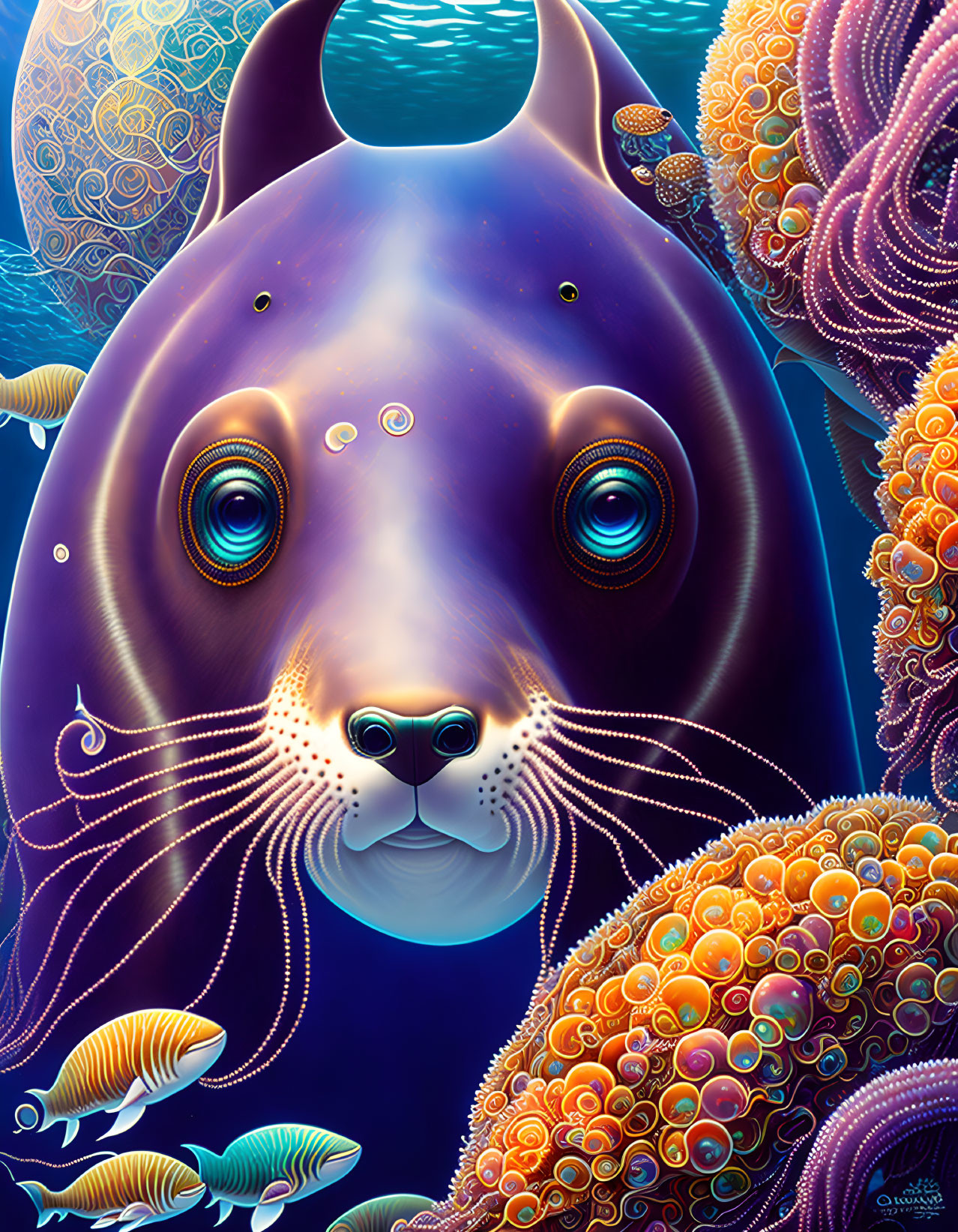 Colorful Digital Art: Stylized Seal Surrounded by Coral and Fish