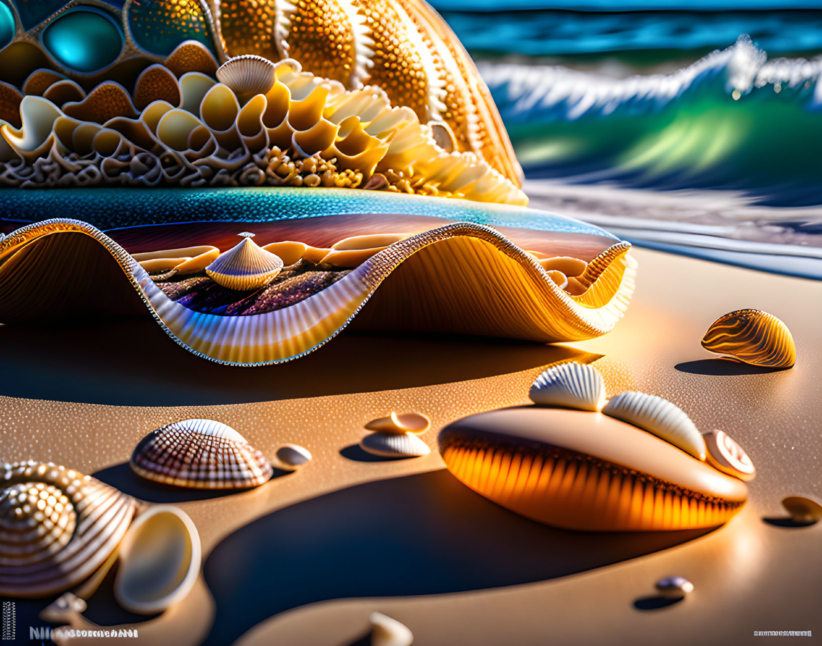 Stylized seashells on shore with golden light in surreal coastal scene