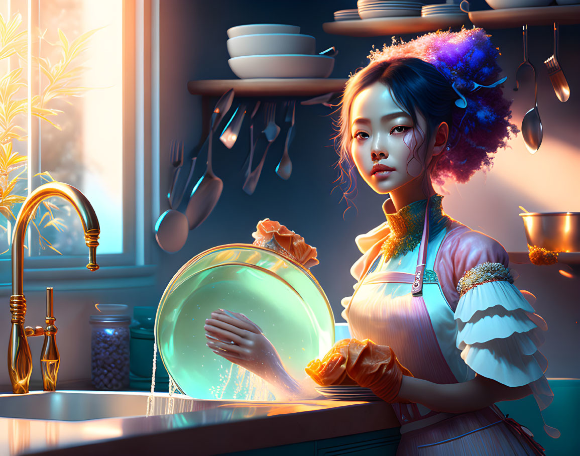 Digital artwork: Woman with blue hair washing dishes in sunny kitchen