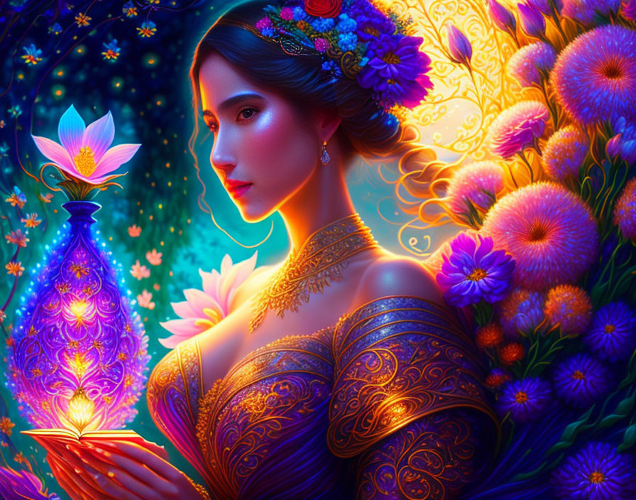 Colorful Illustration of Woman with Floral Headpiece and Glowing Lamp amid Luminous Flowers