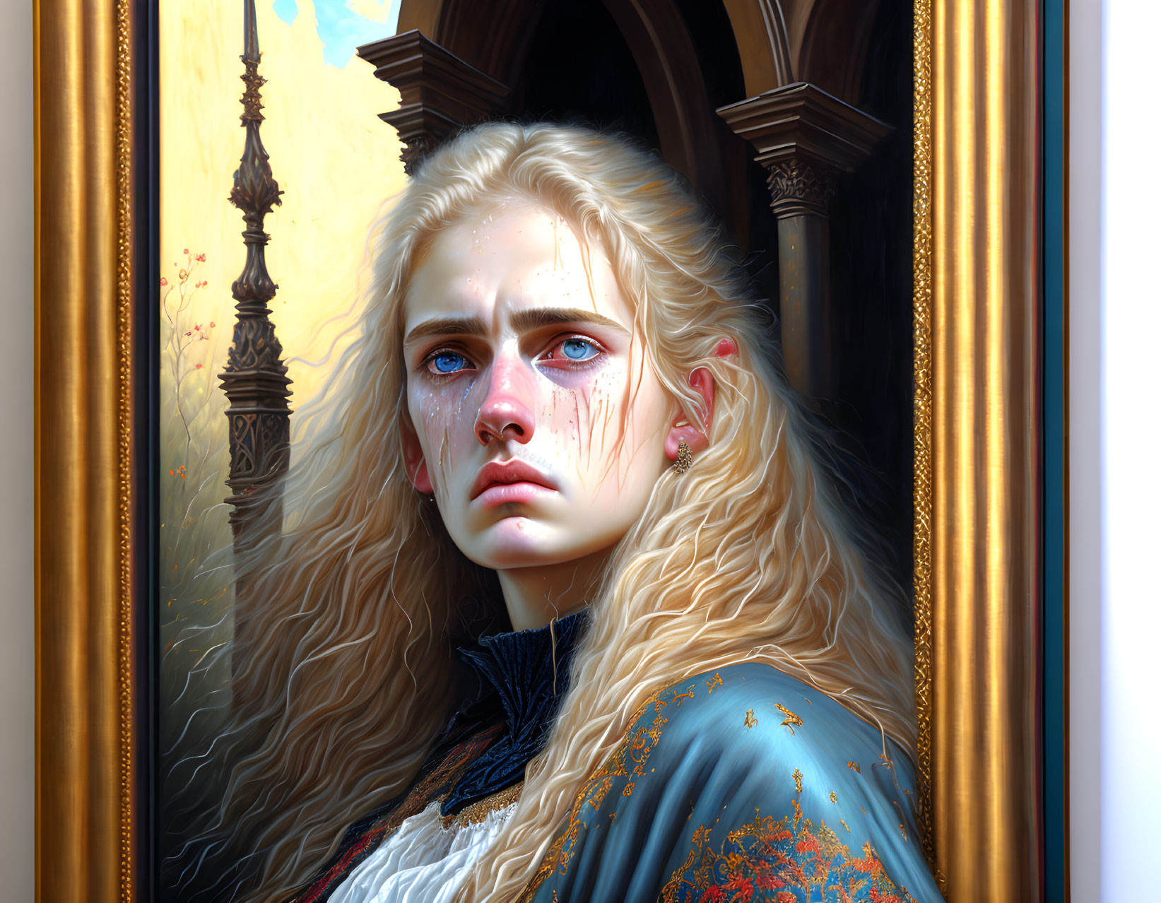 Blonde woman with tears in ornate window setting