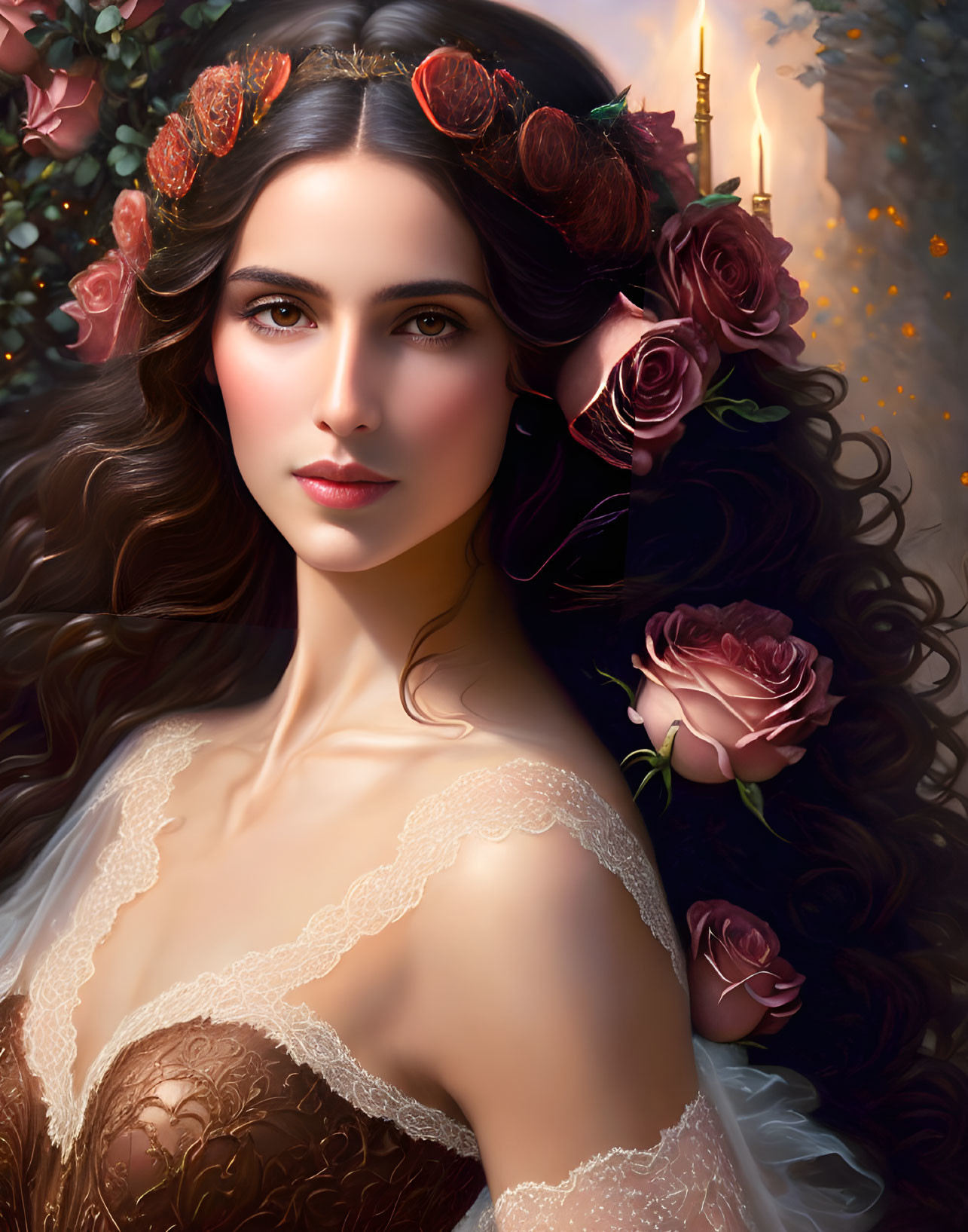 Woman with Floral Crown and Roses in Wavy Hair in Lace Dress