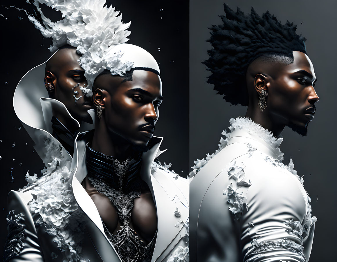 Avant-garde individuals in white attire with crystal adornments in dramatic pose.