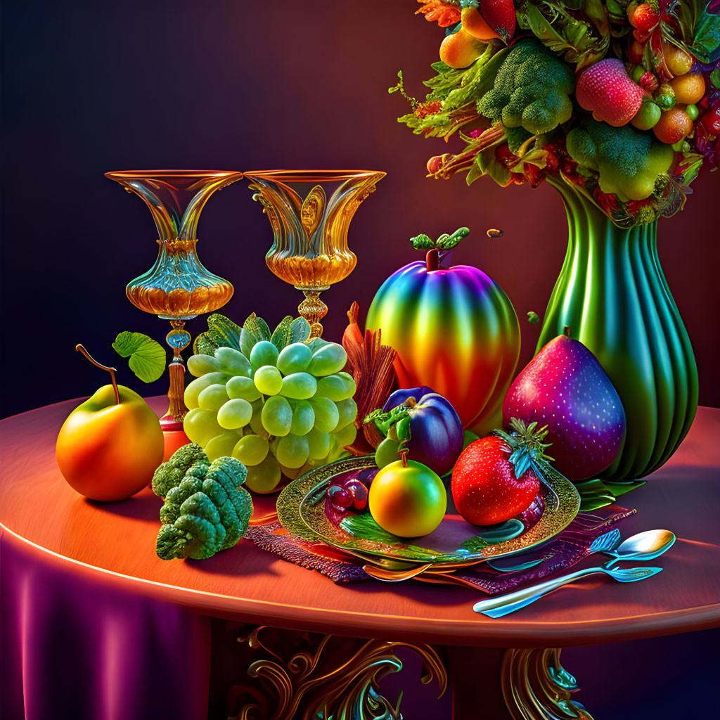 Colorful Fruits and Glassware Still Life on Table with Green Vase