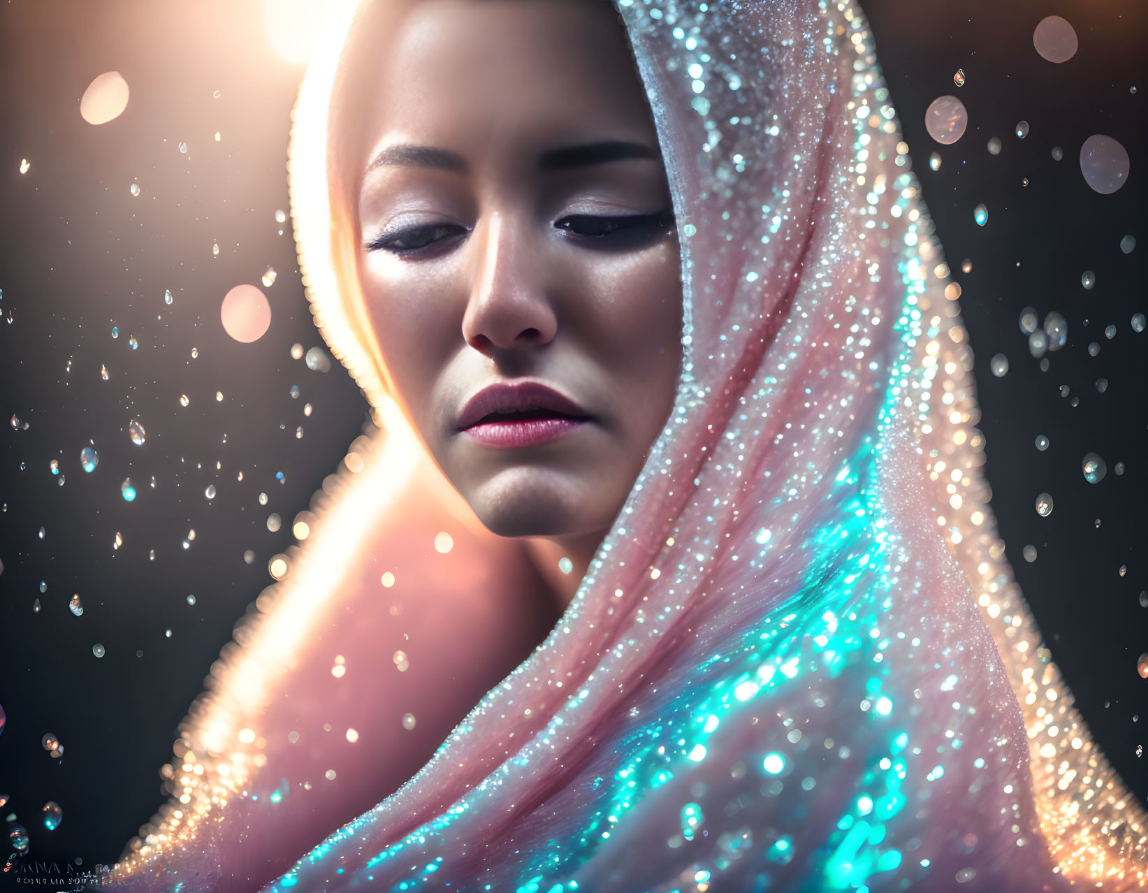 Sparkling woman in translucent shawl surrounded by glowing lights