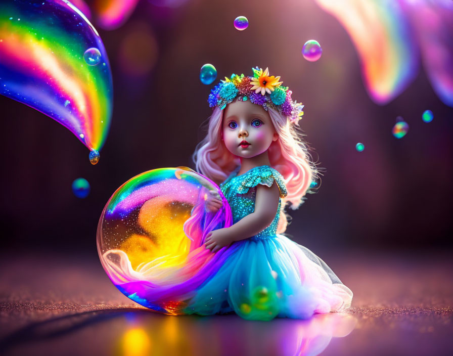 Floral headband doll in blue dress surrounded by floating soap bubbles