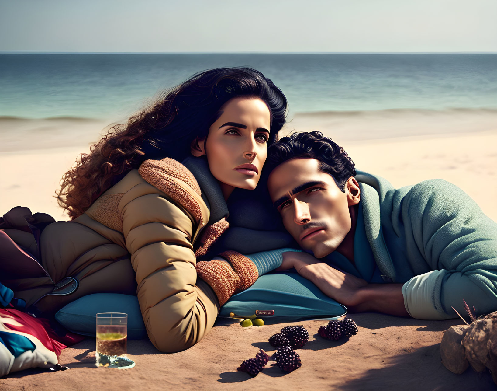 Couple reclining on sandy beach gazing pensively.