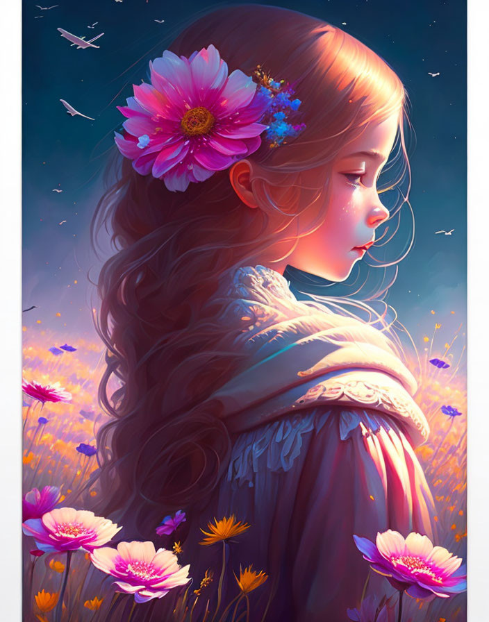 Digital illustration of girl with flowers in hair in pink blossom field at dusk