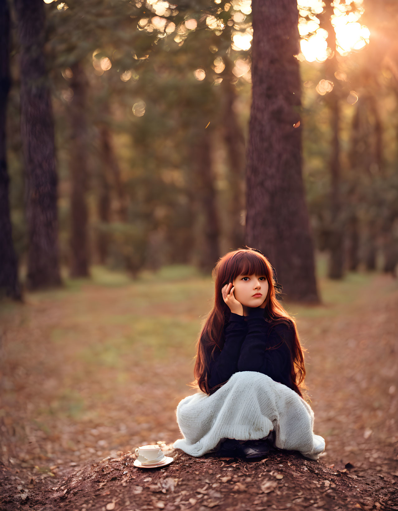 Young woman sitting on forest path at sunset with teacup