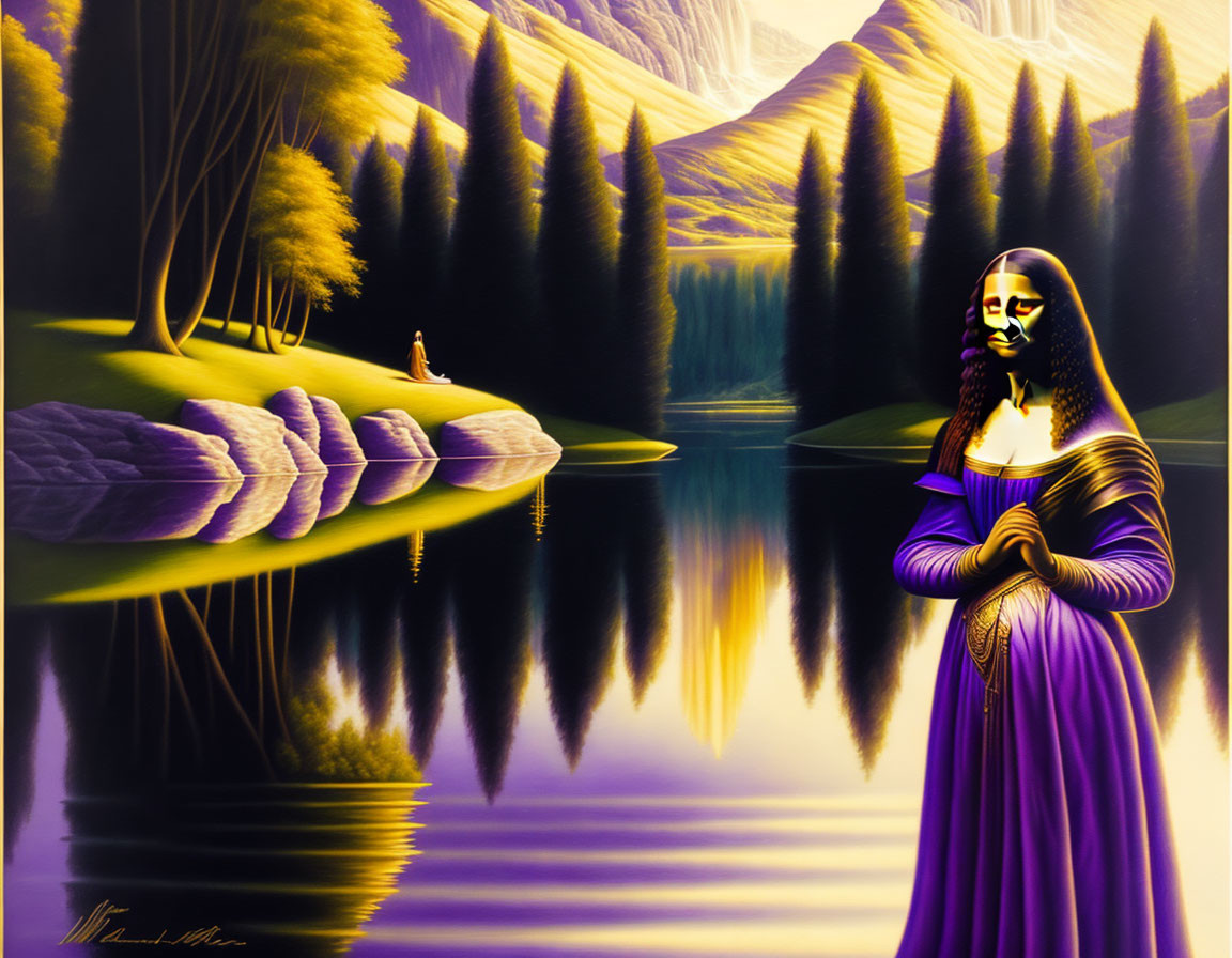 Surreal landscape with Mona Lisa variant in purple gown by reflective lake